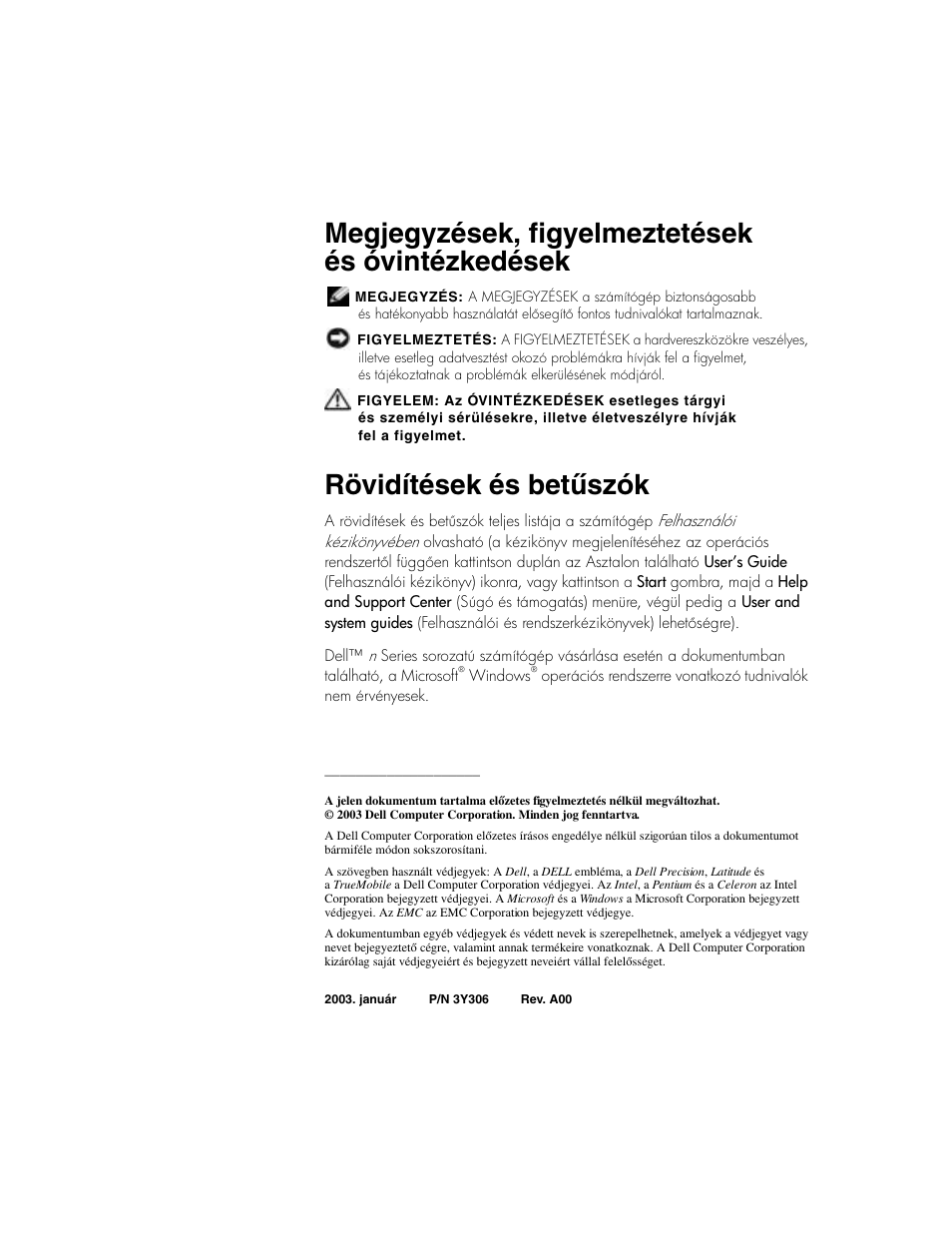 Megjegyzések, figyelmeztetések és óvintézkedések, Rövidítések és betűszók | Dell Precision M60 User Manual | Page 112 / 330