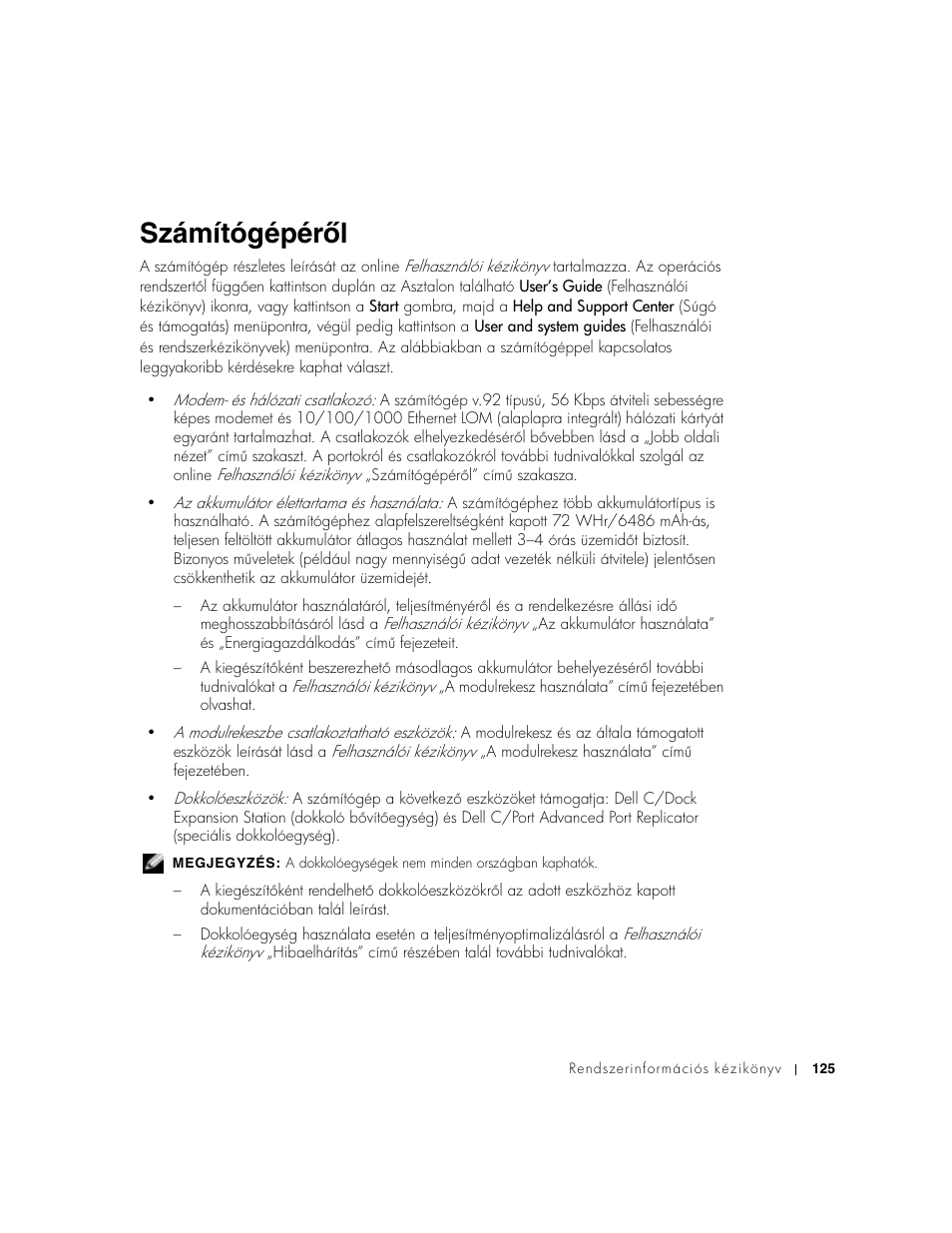 Számítógépérõl, Számítógépéről | Dell Precision M60 User Manual | Page 127 / 330