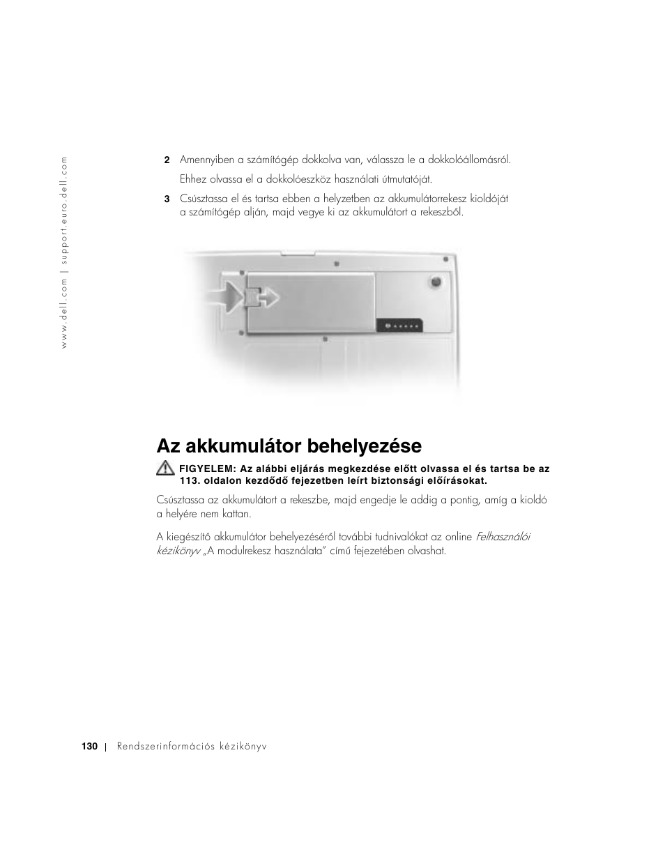 Az akkumulátor behelyezése | Dell Precision M60 User Manual | Page 132 / 330