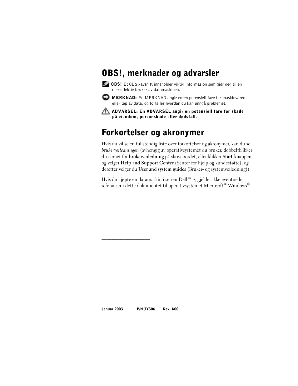 Obs!, merknader og advarsler, Forkortelser og akronymer | Dell Precision M60 User Manual | Page 140 / 330