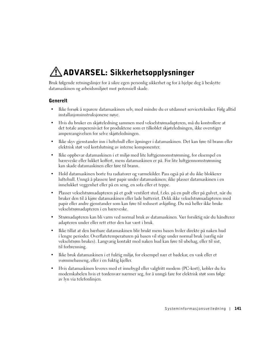 Advarsel: sikkerhetsopplysninger, Generelt | Dell Precision M60 User Manual | Page 143 / 330