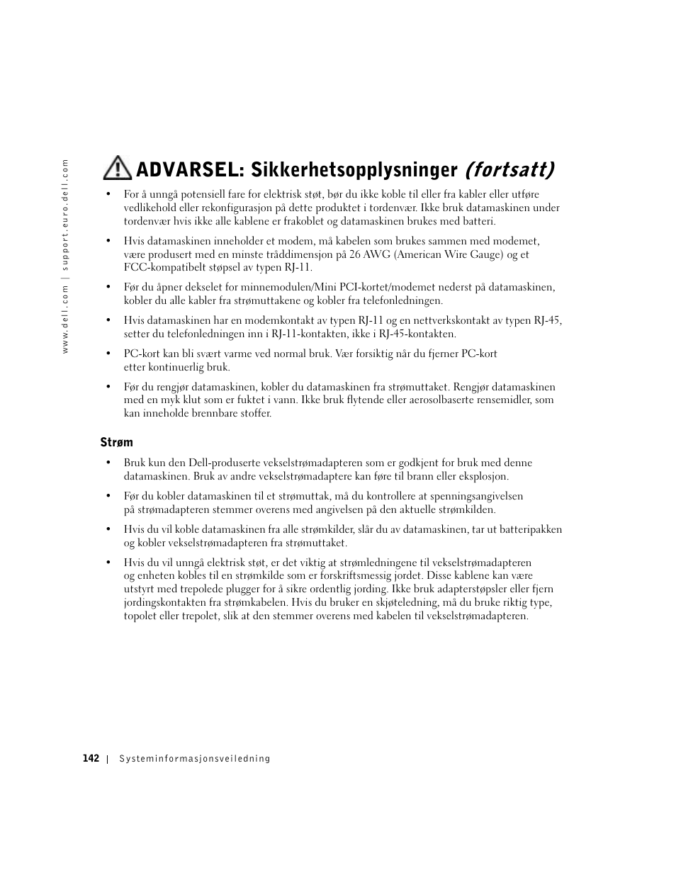 Strøm, Advarsel: sikkerhetsopplysninger (fortsatt) | Dell Precision M60 User Manual | Page 144 / 330