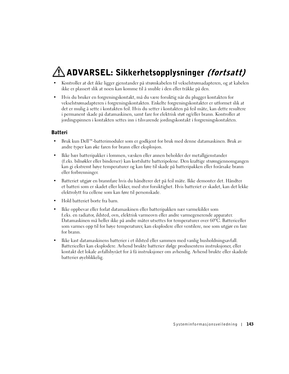 Batteri, Advarsel: sikkerhetsopplysninger (fortsatt) | Dell Precision M60 User Manual | Page 145 / 330