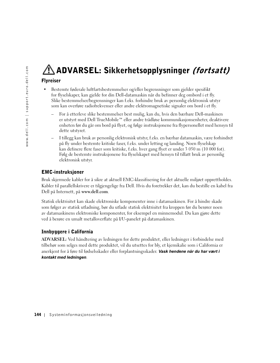 Flyreiser, Emc-instruksjoner, Innbyggere i california | Advarsel: sikkerhetsopplysninger (fortsatt) | Dell Precision M60 User Manual | Page 146 / 330