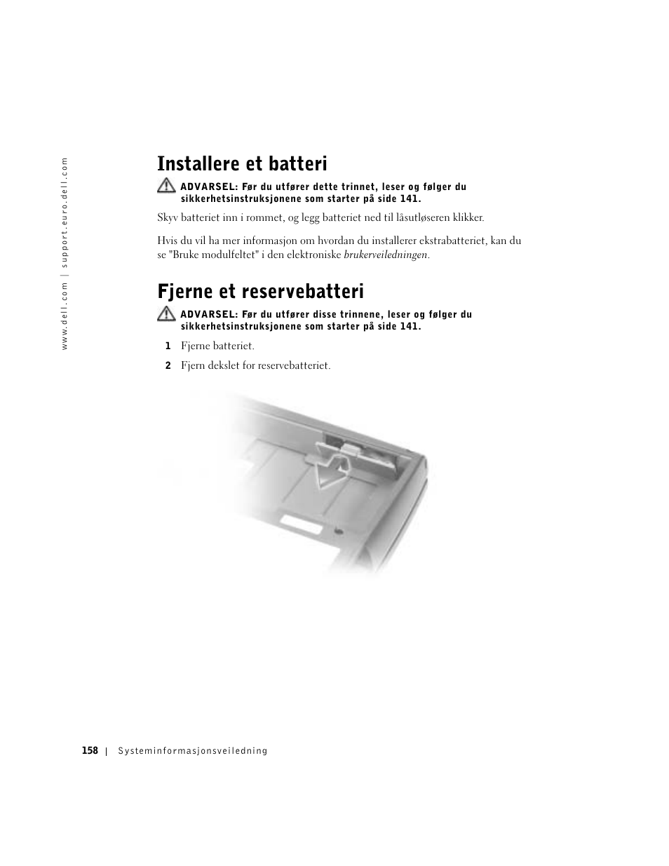 Installere et batteri, Fjerne et reservebatteri | Dell Precision M60 User Manual | Page 160 / 330