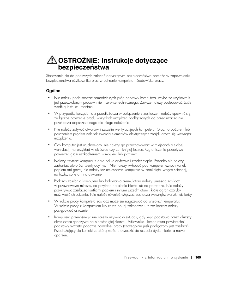 Ostrożnie: instrukcje dotyczące bezpieczeństwa, Ogólne | Dell Precision M60 User Manual | Page 171 / 330