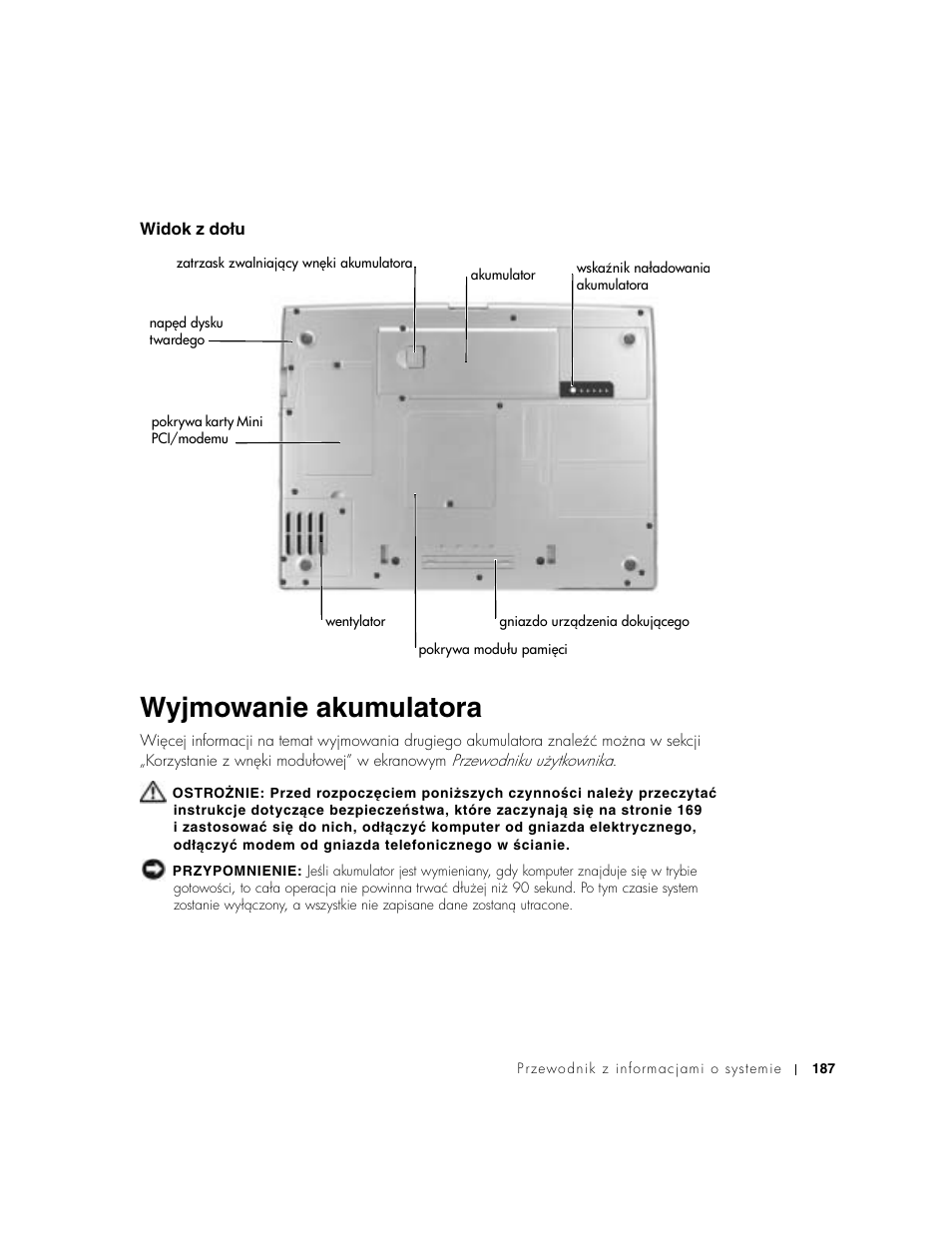 Widok z dołu, Wyjmowanie akumulatora | Dell Precision M60 User Manual | Page 189 / 330