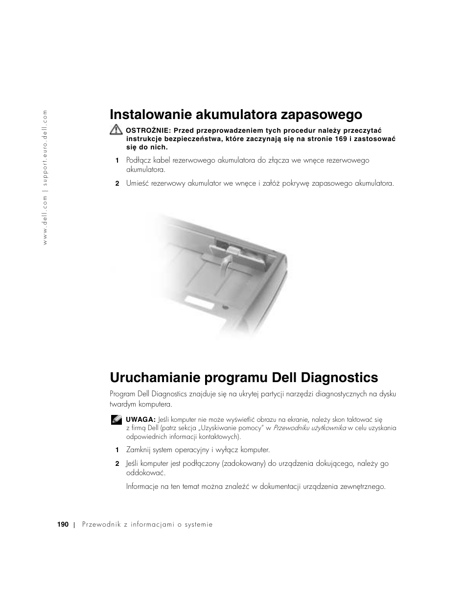 Instalowanie akumulatora zapasowego, Uruchamianie programu dell diagnostics | Dell Precision M60 User Manual | Page 192 / 330