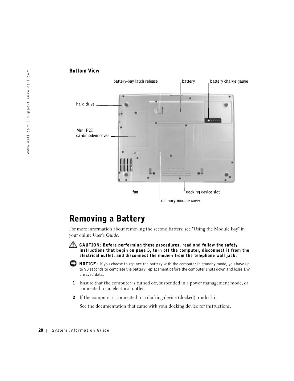 Bottom view, Removing a battery | Dell Precision M60 User Manual | Page 22 / 330