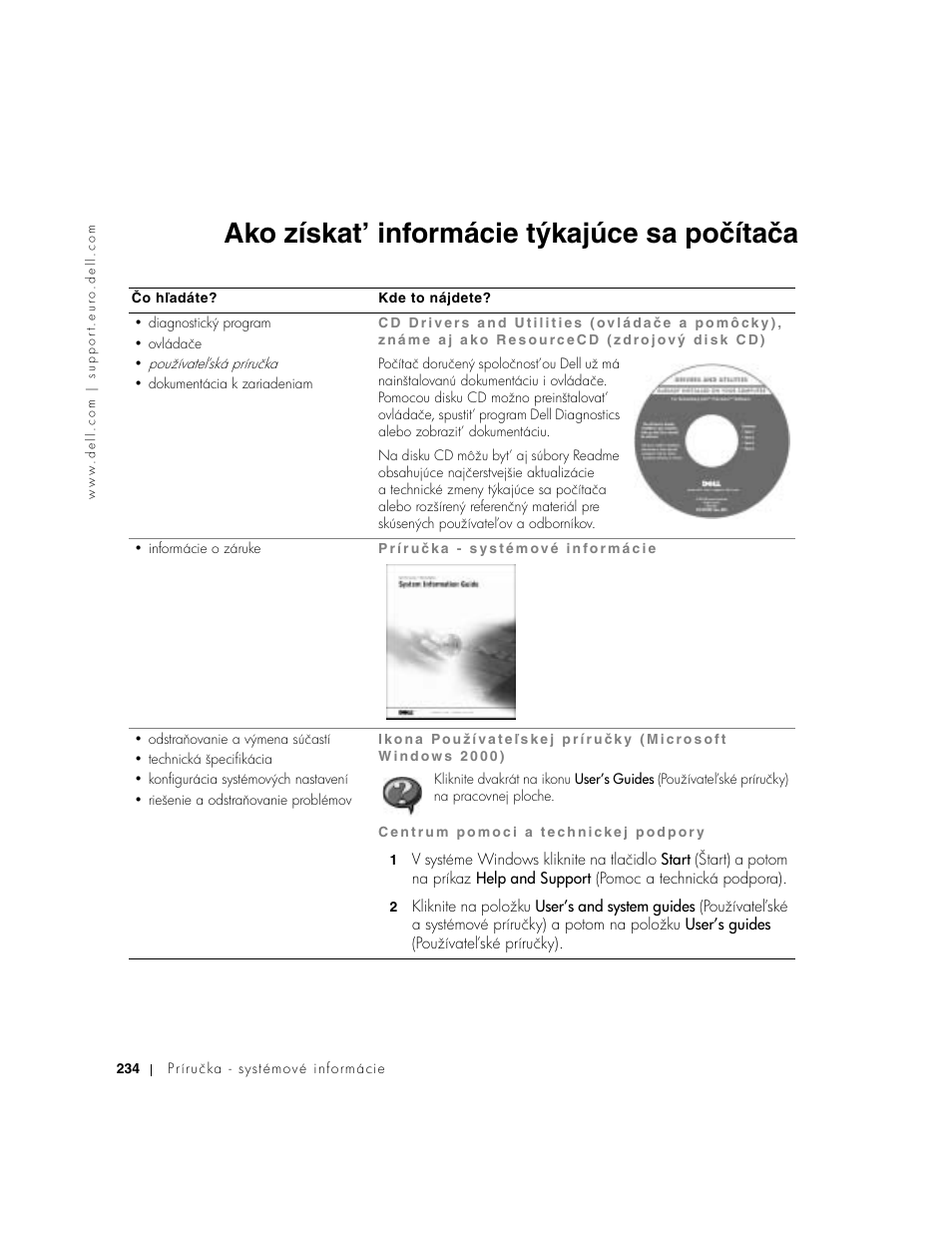 Ako získat’ informácie týkajúce sa počítača | Dell Precision M60 User Manual | Page 236 / 330