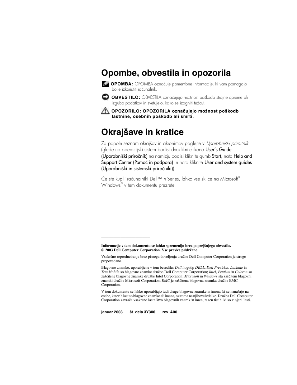 Opombe, obvestila in opozorila, Okrajšave in kratice | Dell Precision M60 User Manual | Page 252 / 330