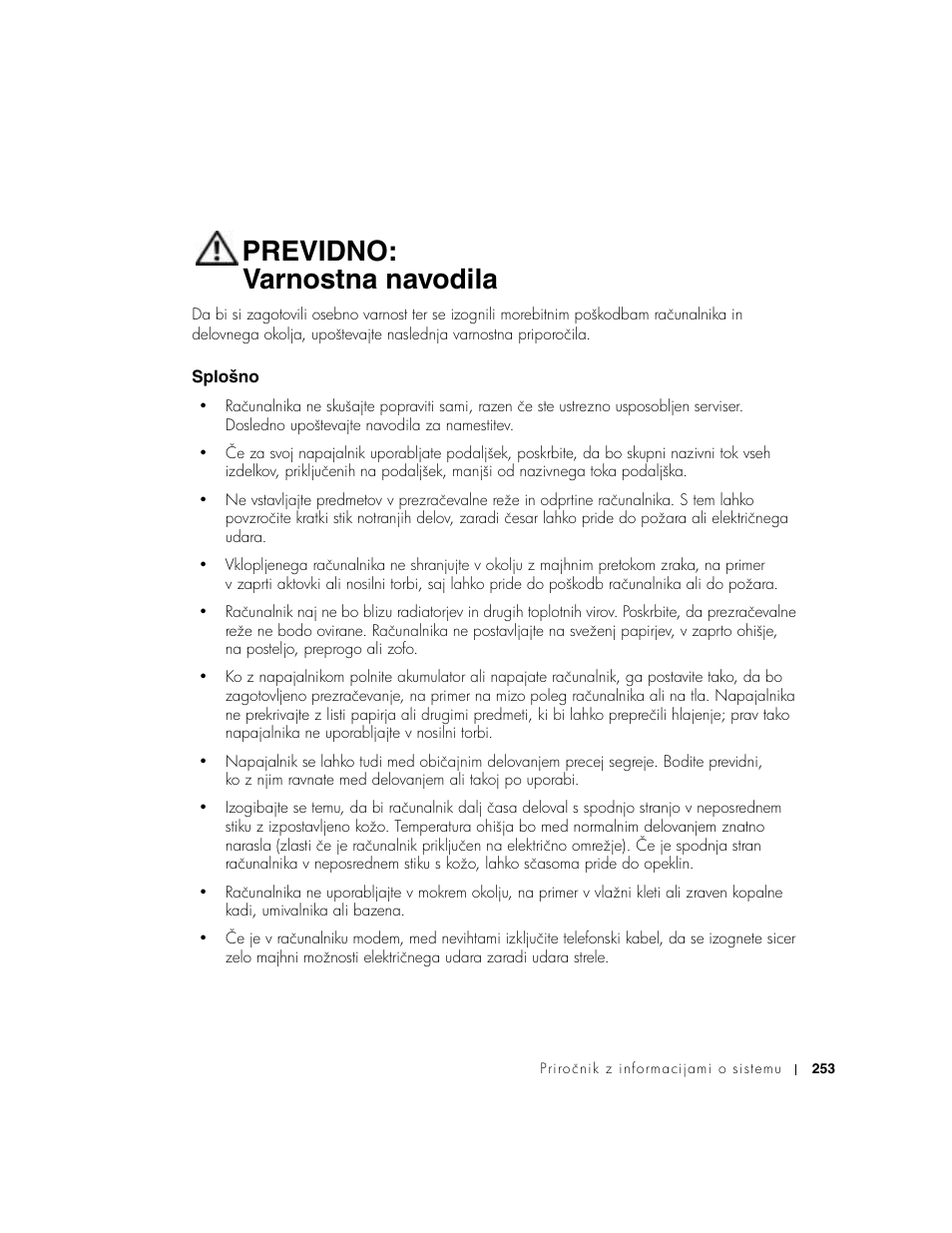 Previdno: varnostna navodila, Splošno | Dell Precision M60 User Manual | Page 255 / 330