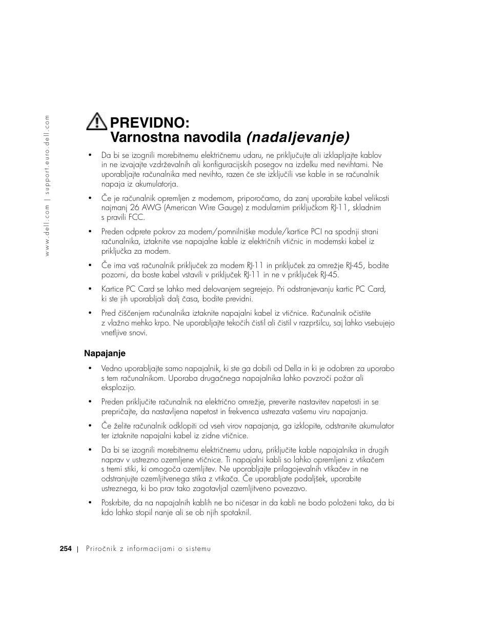 Napajanje, Previdno: varnostna navodila (nadaljevanje) | Dell Precision M60 User Manual | Page 256 / 330