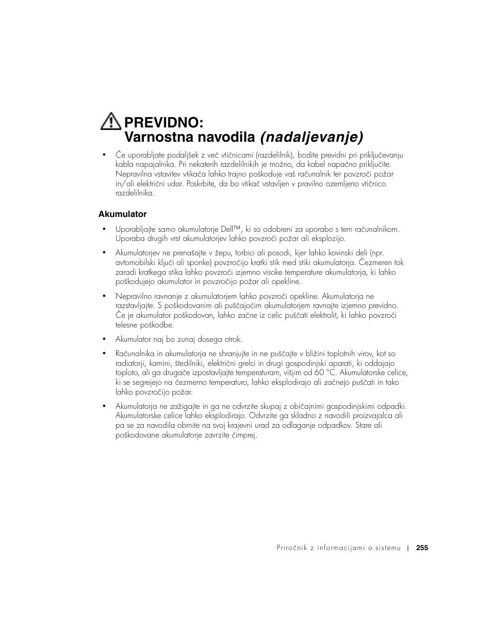 Akumulator, Previdno: varnostna navodila (nadaljevanje) | Dell Precision M60 User Manual | Page 257 / 330