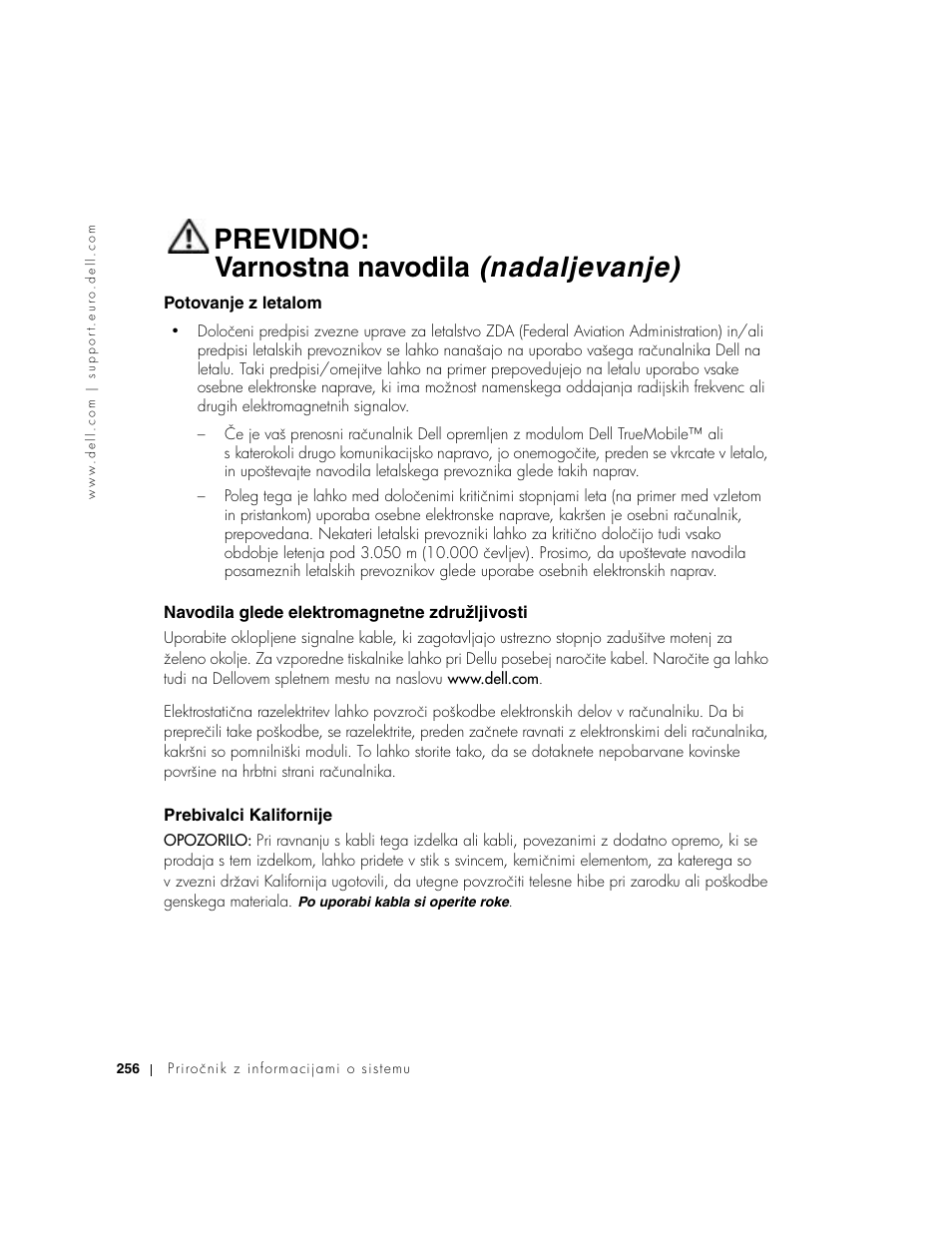 Potovanje z letalom, Navodila glede elektromagnetne združljivosti, Prebivalci kalifornije | Previdno: varnostna navodila (nadaljevanje) | Dell Precision M60 User Manual | Page 258 / 330