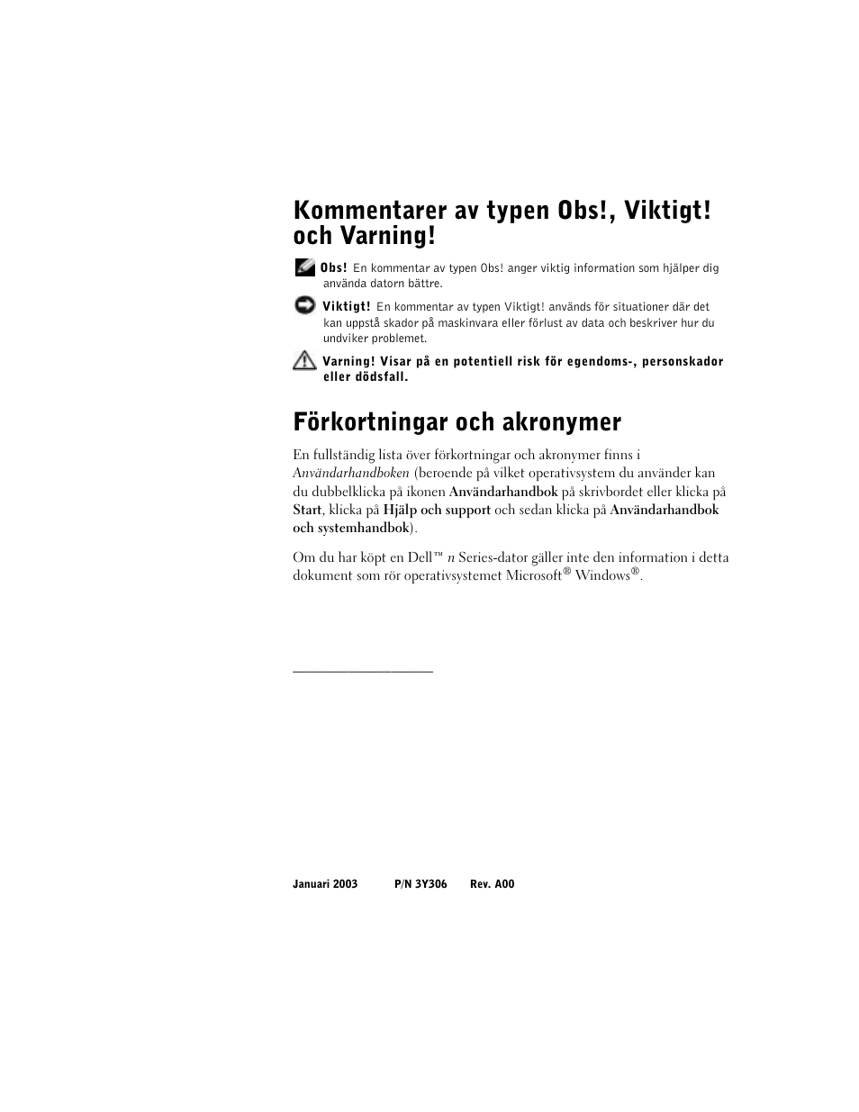 Kommentarer av typen obs!, viktigt! och varning, Förkortningar och akronymer | Dell Precision M60 User Manual | Page 278 / 330