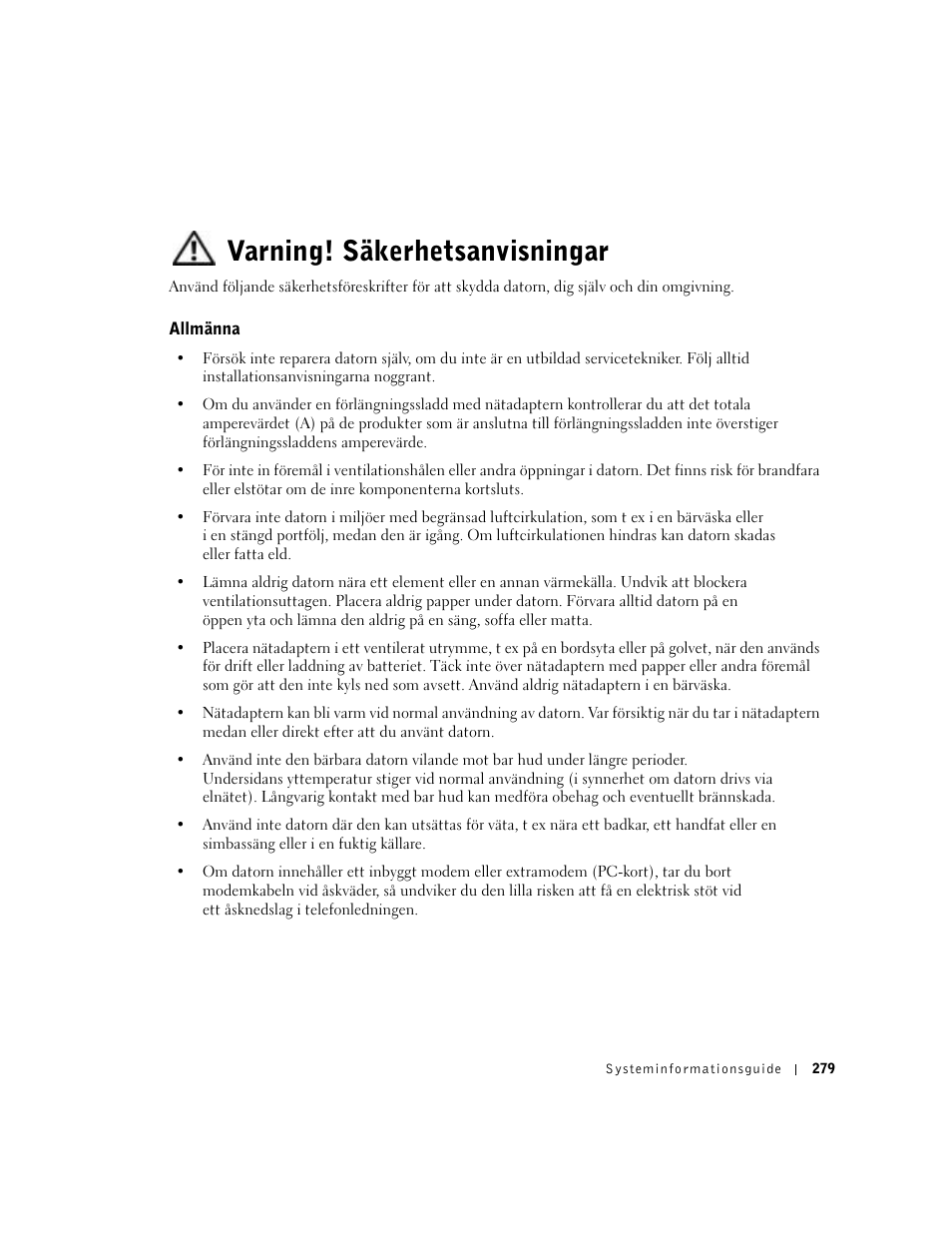 Varning! säkerhetsanvisningar, Allmänna | Dell Precision M60 User Manual | Page 281 / 330