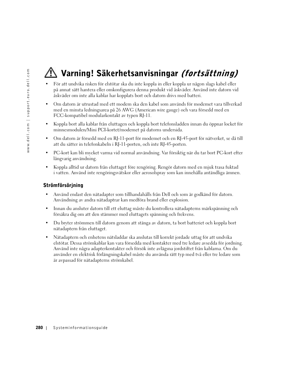 Strömförsörjning, Varning! säkerhetsanvisningar (fortsättning) | Dell Precision M60 User Manual | Page 282 / 330