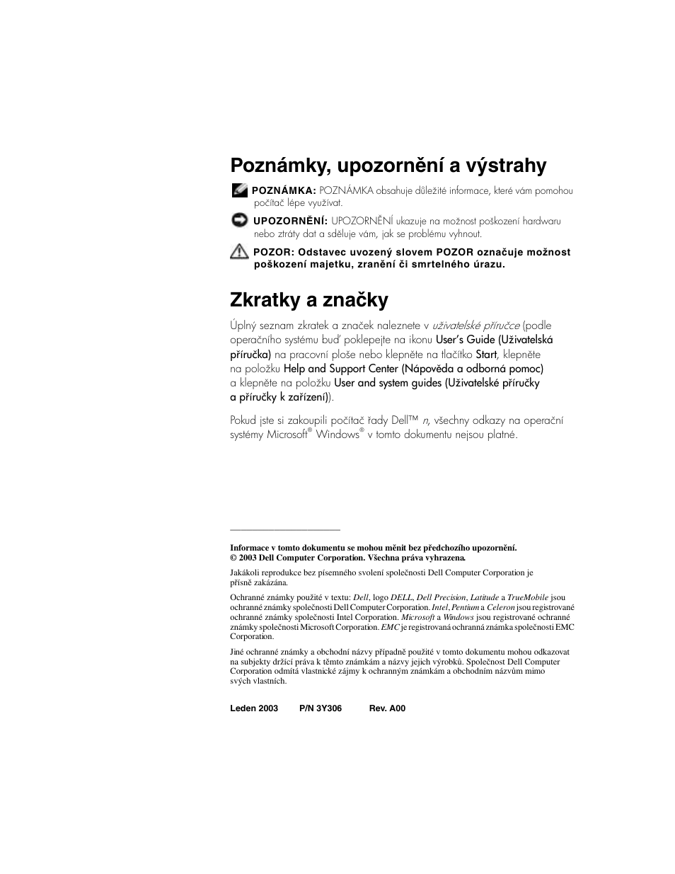Poznámky, upozornění a výstrahy, Zkratky a značky | Dell Precision M60 User Manual | Page 30 / 330