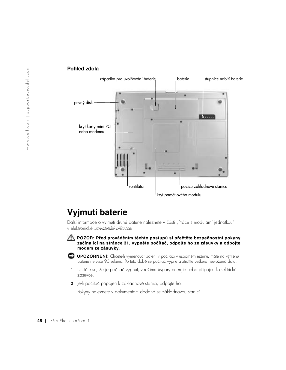 Pohled zdola, Vyjmutí baterie | Dell Precision M60 User Manual | Page 48 / 330