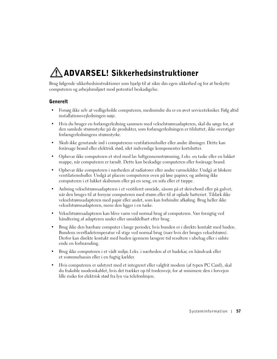 Advarsel! sikkerhedsinstruktioner, Generelt | Dell Precision M60 User Manual | Page 59 / 330