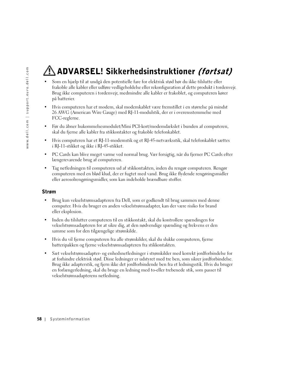 Strøm, Advarsel! sikkerhedsinstruktioner (fortsat) | Dell Precision M60 User Manual | Page 60 / 330