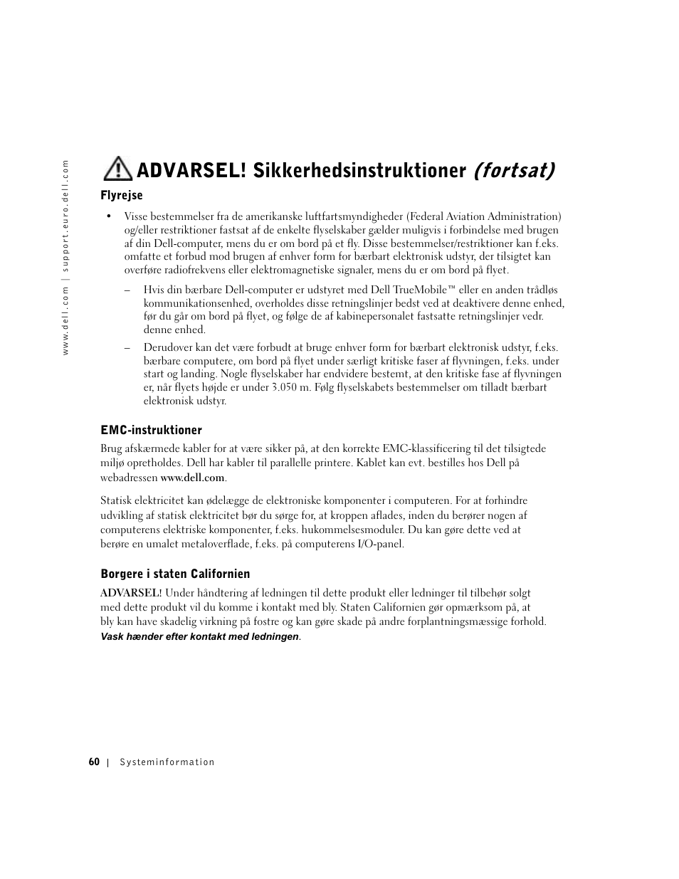 Flyrejse, Emc-instruktioner, Borgere i staten californien | Advarsel! sikkerhedsinstruktioner (fortsat) | Dell Precision M60 User Manual | Page 62 / 330