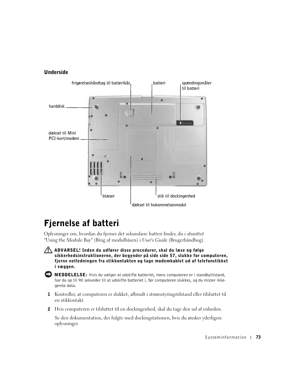 Underside, Fjernelse af batteri | Dell Precision M60 User Manual | Page 75 / 330