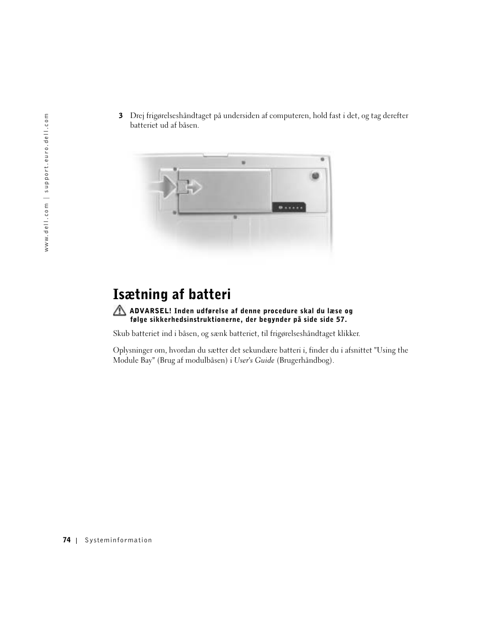 Isætning af batteri | Dell Precision M60 User Manual | Page 76 / 330