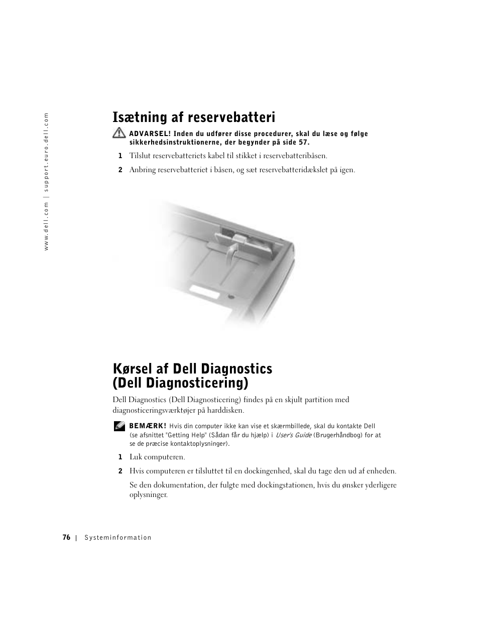 Isætning af reservebatteri, Kørsel af dell diagnostics (dell diagnosticering) | Dell Precision M60 User Manual | Page 78 / 330