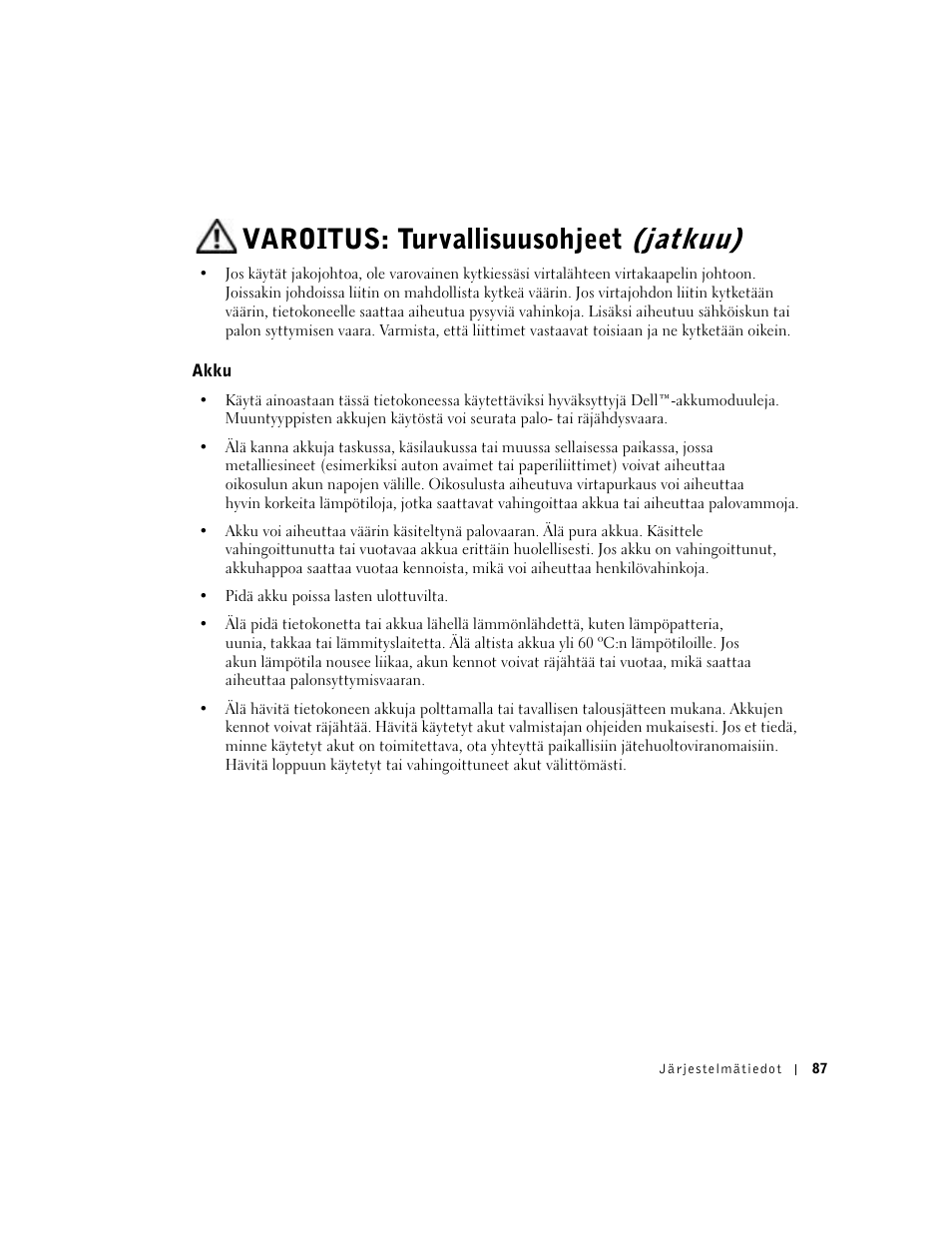 Akku, Varoitus: turvallisuusohjeet (jatkuu) | Dell Precision M60 User Manual | Page 89 / 330