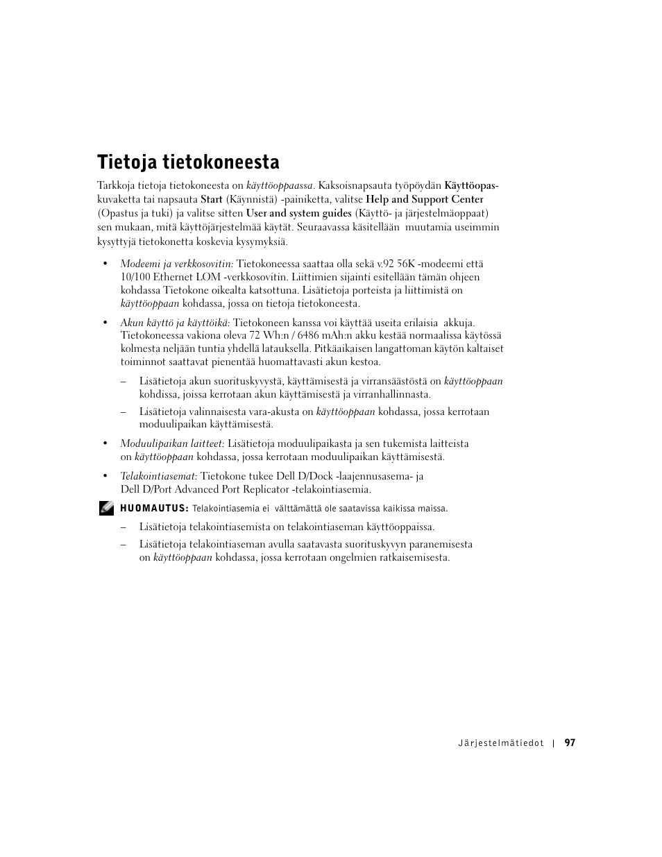 Tietoja tietokoneesta | Dell Precision M60 User Manual | Page 99 / 330