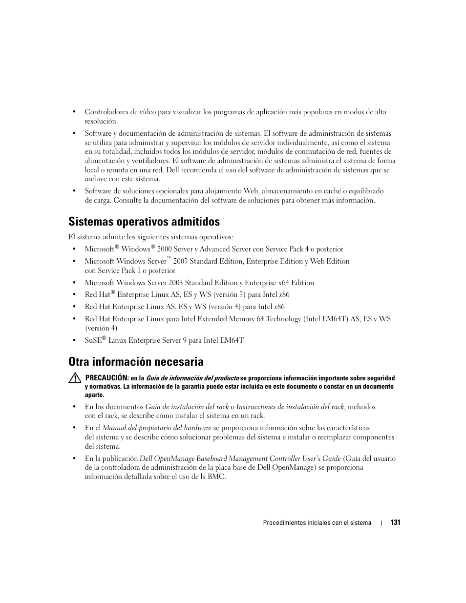 Sistemas operativos admitidos, Otra información necesaria | Dell POWEREDGE 1955 User Manual | Page 133 / 162