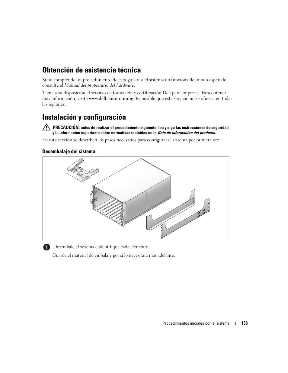 Obtención de asistencia técnica, Instalación y configuración, Desembalaje del sistema | Dell POWEREDGE 1955 User Manual | Page 135 / 162