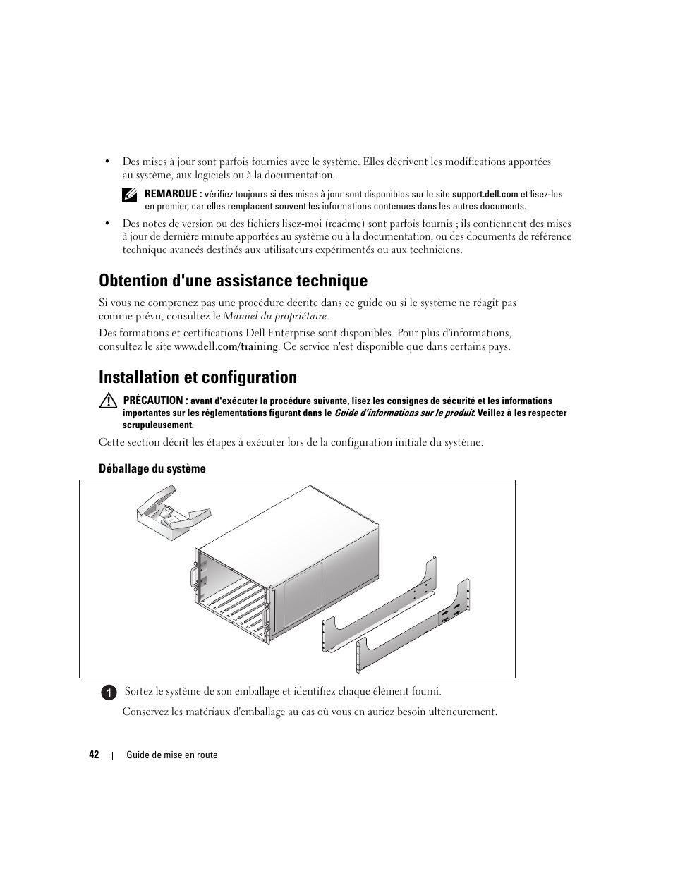 Obtention d'une assistance technique, Installation et configuration, Déballage du système | Dell POWEREDGE 1955 User Manual | Page 44 / 162