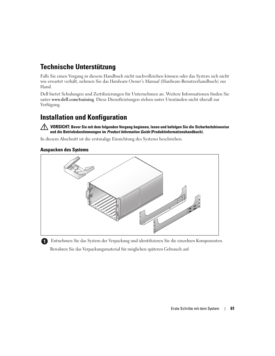 Technische unterstützung, Installation und konfiguration, Auspacken des systems | Dell POWEREDGE 1955 User Manual | Page 63 / 162
