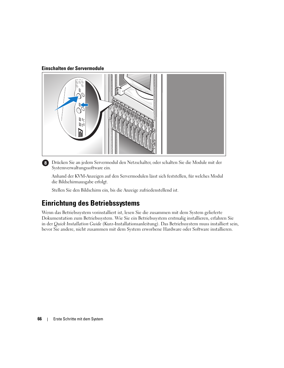 Einschalten der servermodule, Einrichtung des betriebssystems | Dell POWEREDGE 1955 User Manual | Page 68 / 162