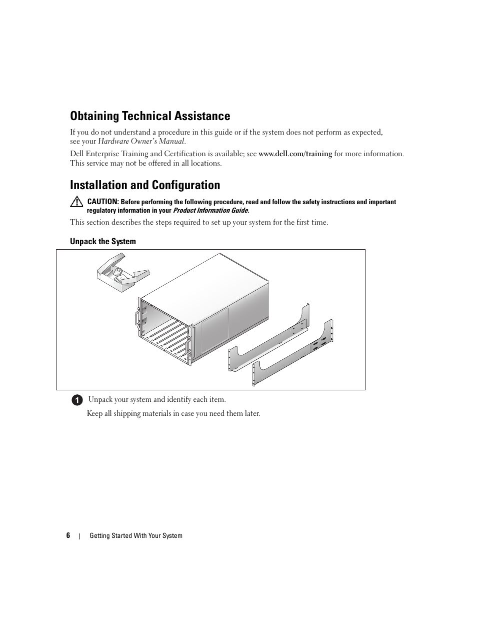 Obtaining technical assistance, Installation and configuration, Unpack the system | Dell POWEREDGE 1955 User Manual | Page 8 / 162