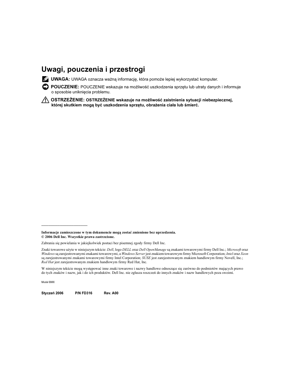Uwagi, pouczenia i przestrogi | Dell POWEREDGE 1955 User Manual | Page 94 / 162