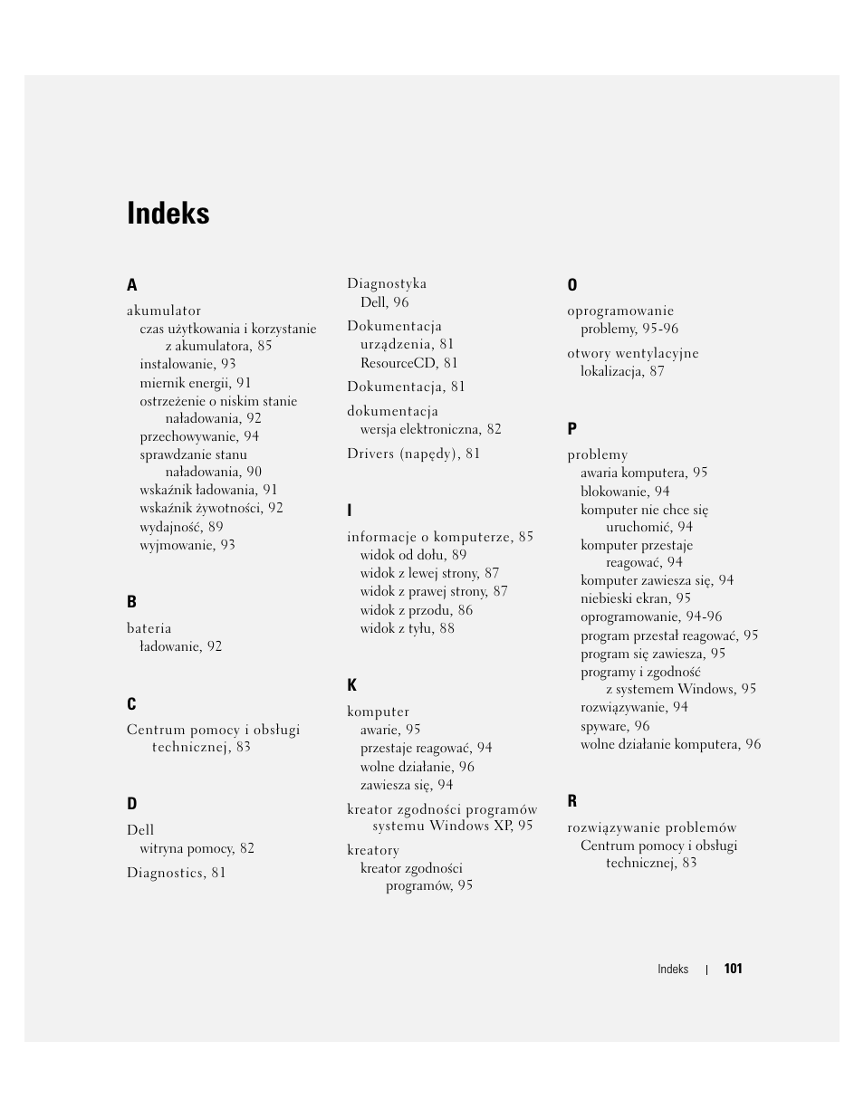 Indeks | Dell Precision M70 User Manual | Page 101 / 176
