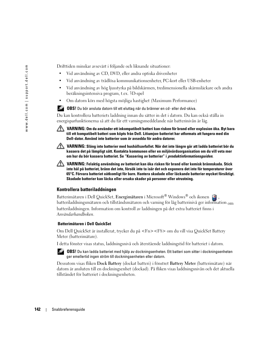 Kontrollera batteriladdningen | Dell Precision M70 User Manual | Page 142 / 176