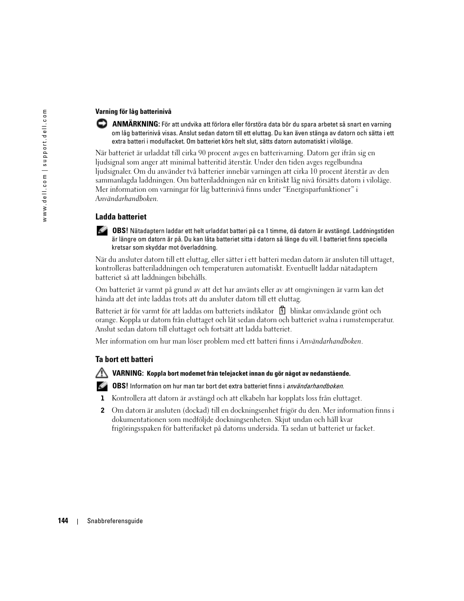 Ladda batteriet, Ta bort ett batteri | Dell Precision M70 User Manual | Page 144 / 176