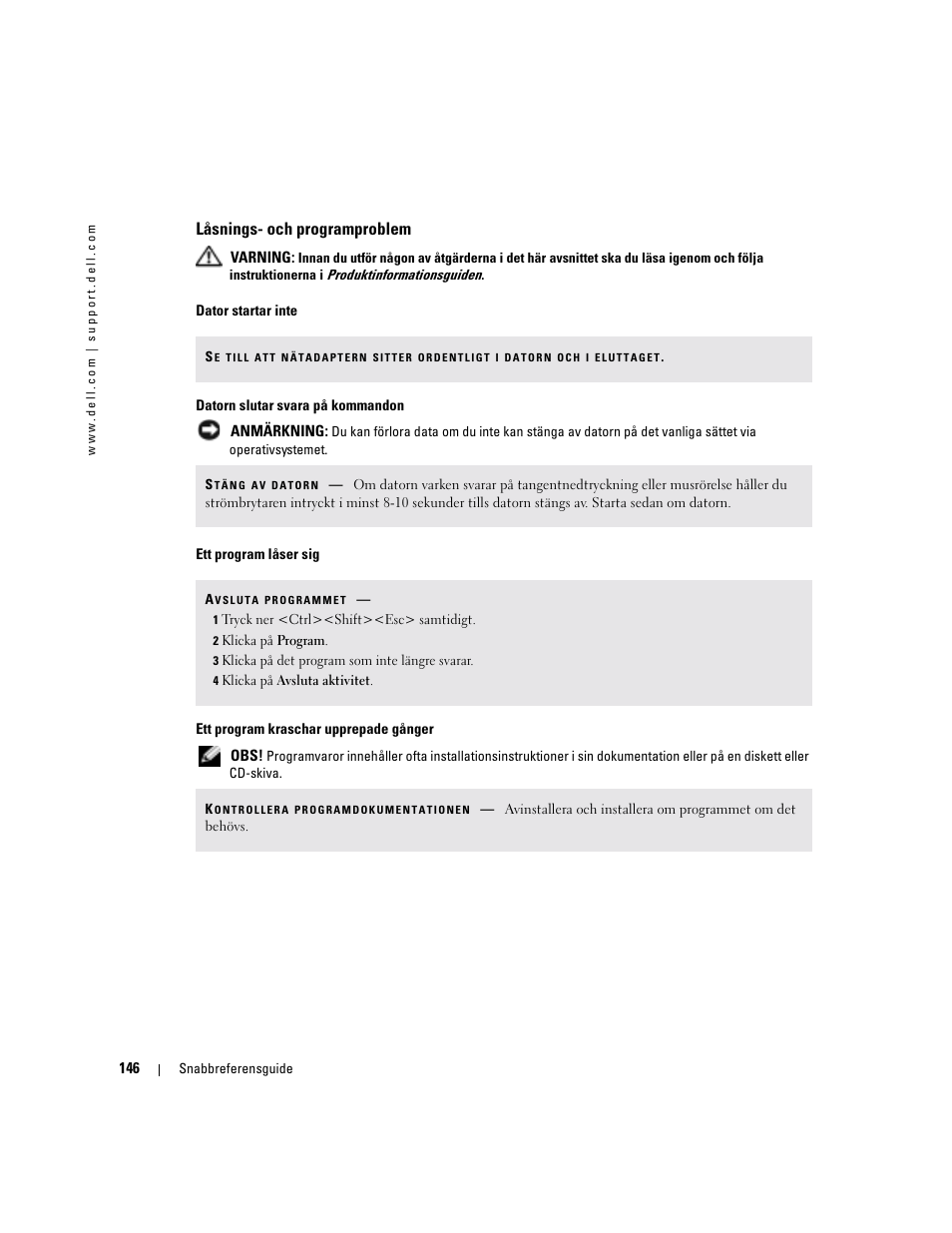 Låsnings- och programproblem | Dell Precision M70 User Manual | Page 146 / 176