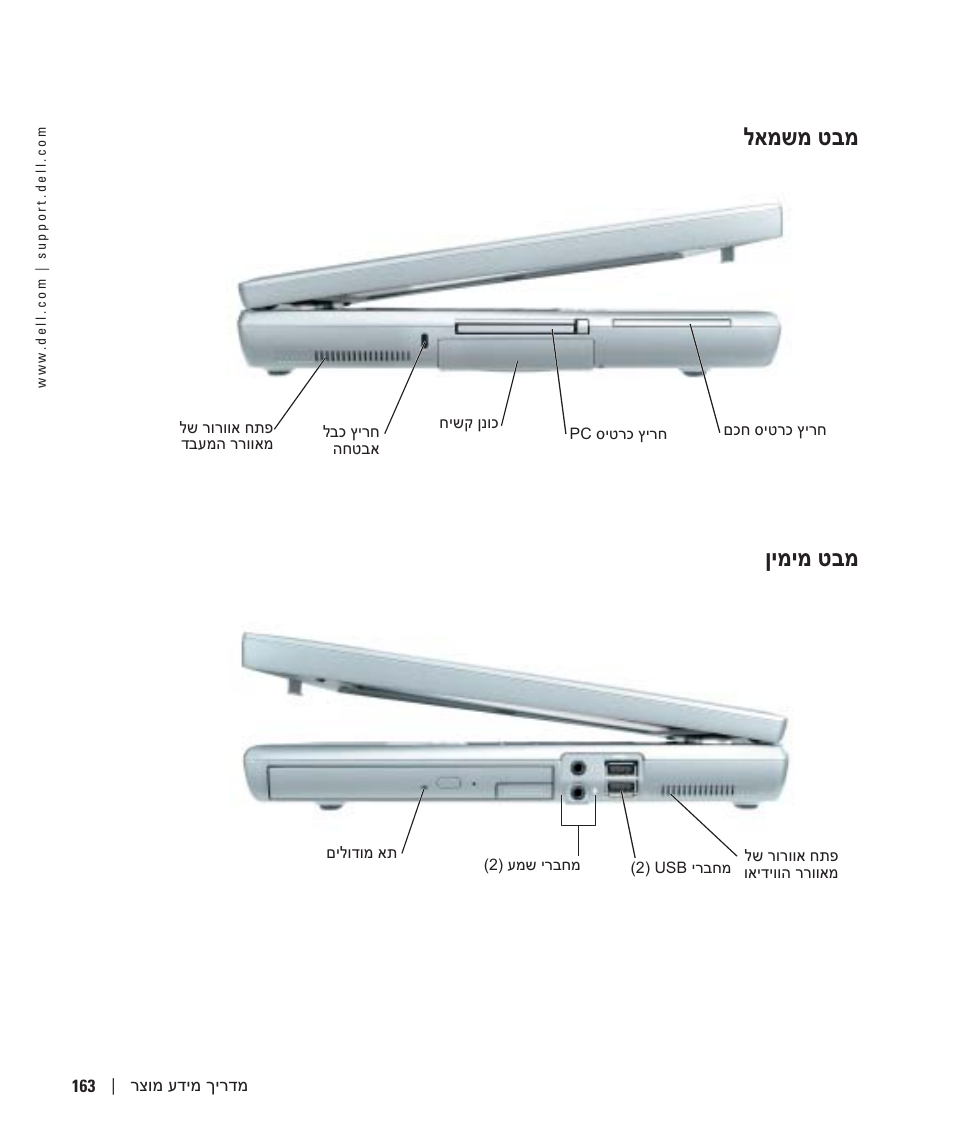 מבט משמאל, מבט מאחור, לאמשמ טבמ | ןימימ טבמ | Dell Precision M70 User Manual | Page 166 / 176