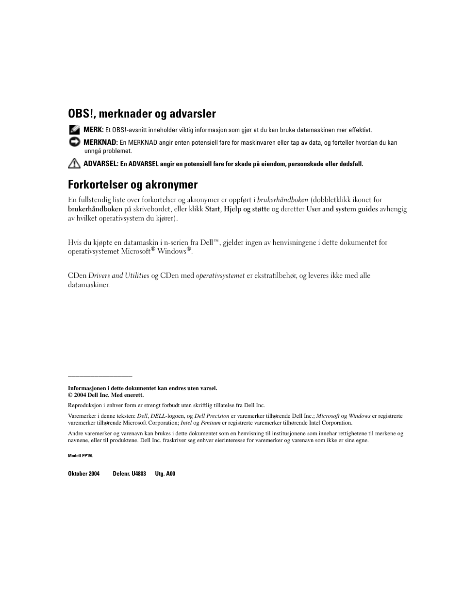 Obs!, merknader og advarsler, Forkortelser og akronymer | Dell Precision M70 User Manual | Page 54 / 176