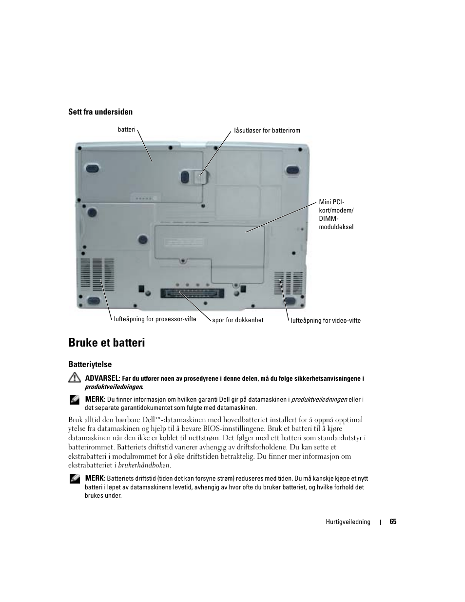 Sett fra undersiden, Bruke et batteri, Batteriytelse | Dell Precision M70 User Manual | Page 65 / 176