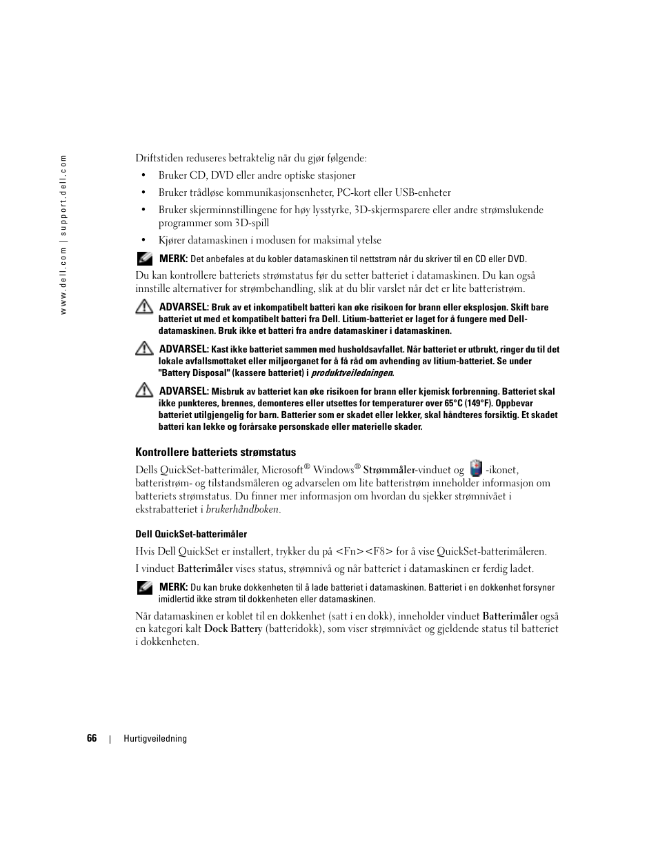 Kontrollere batteriets strømstatus | Dell Precision M70 User Manual | Page 66 / 176