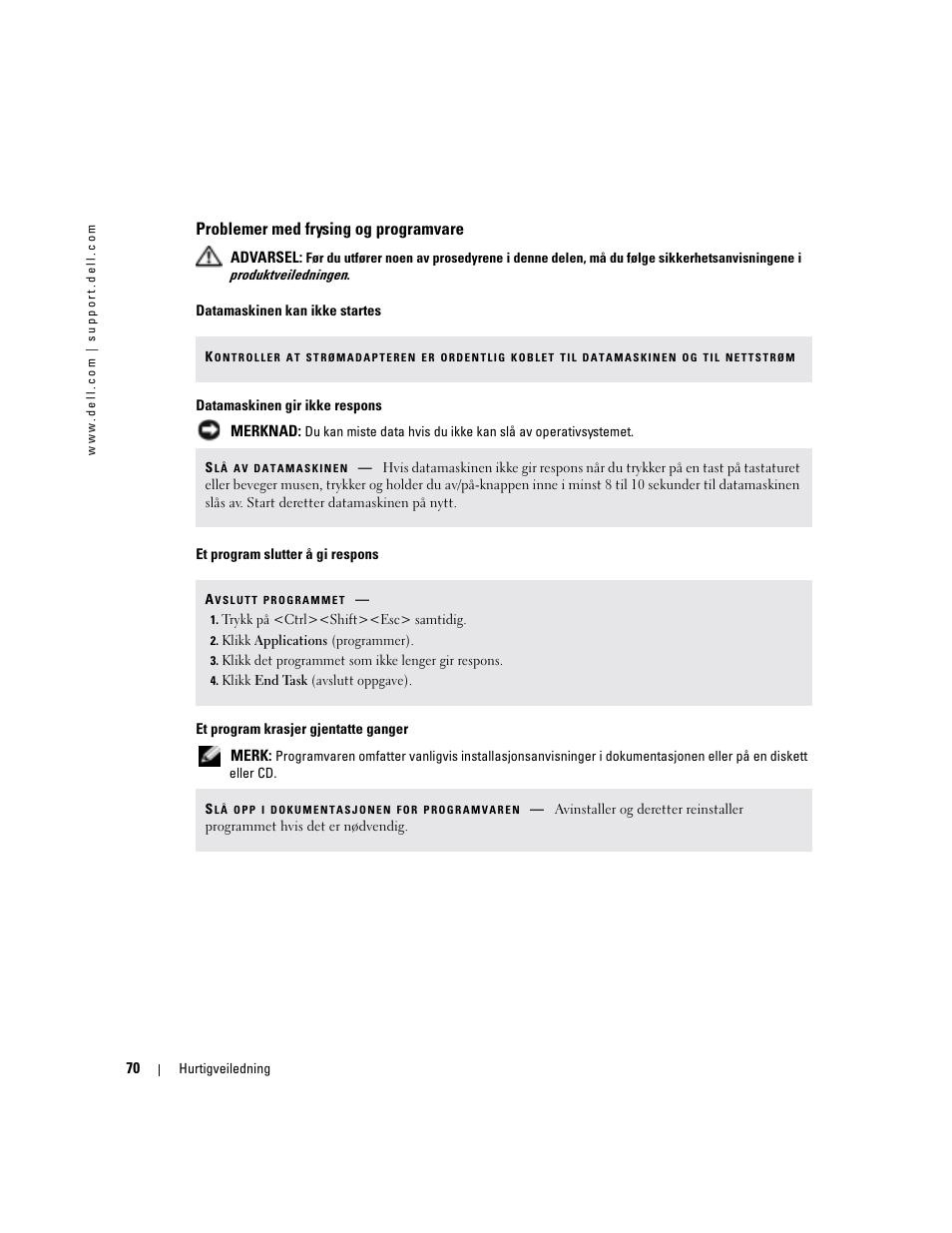 Problemer med frysing og programvare | Dell Precision M70 User Manual | Page 70 / 176