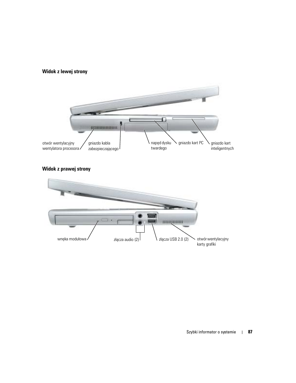 Widok z lewej strony, Widok z prawej strony | Dell Precision M70 User Manual | Page 87 / 176