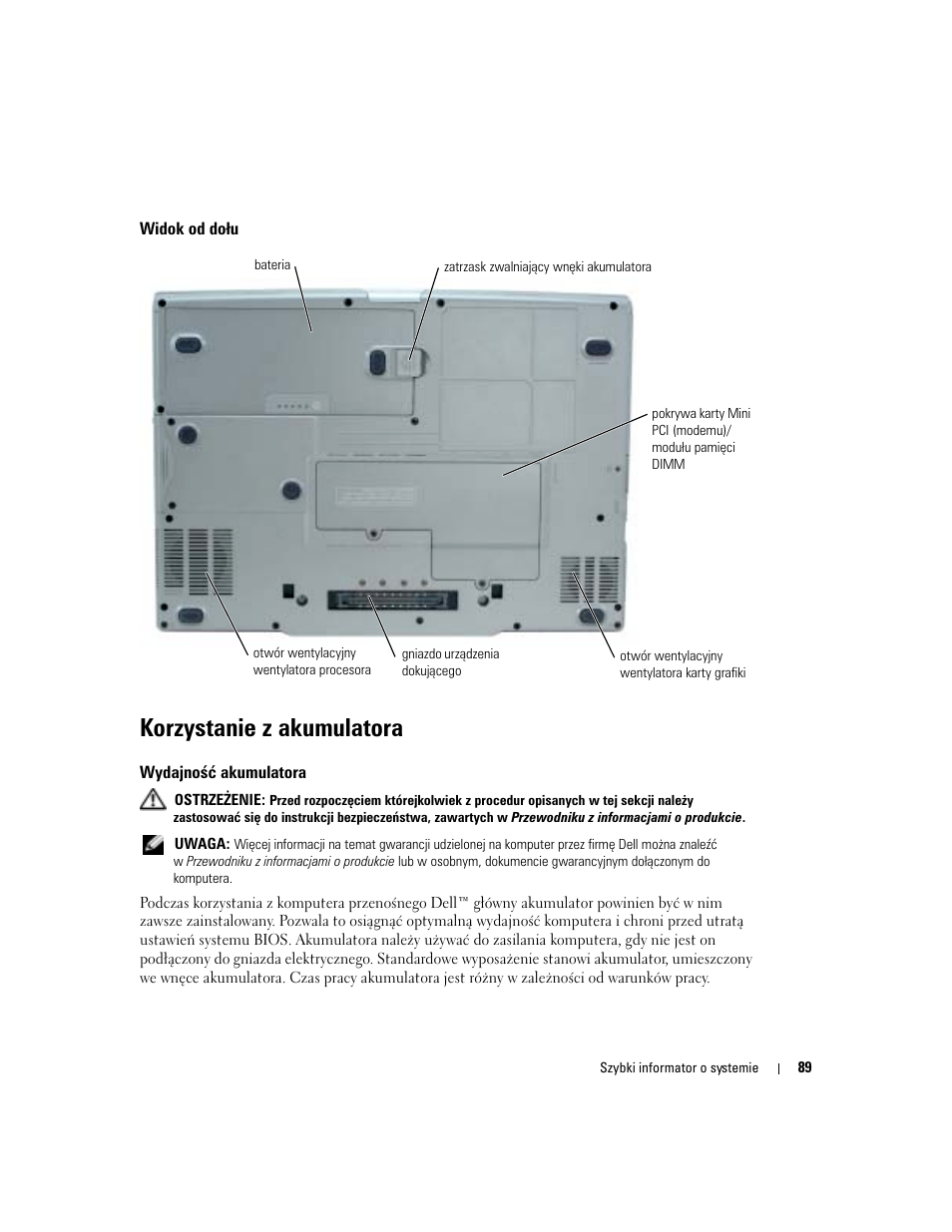 Widok od dołu, Korzystanie z akumulatora, Wydajność akumulatora | Dell Precision M70 User Manual | Page 89 / 176